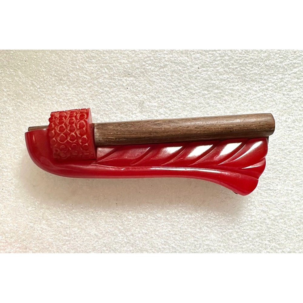 Vintage Carved Red Bakelite and Wood Pin Brooch